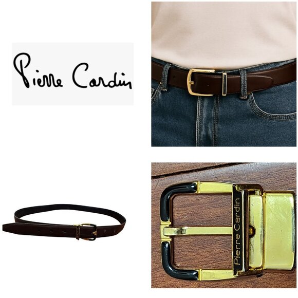 Pierre Cardin Size 36 Leather Belt Reversible Black Brown Gold Buckle - Picture 1 of 9